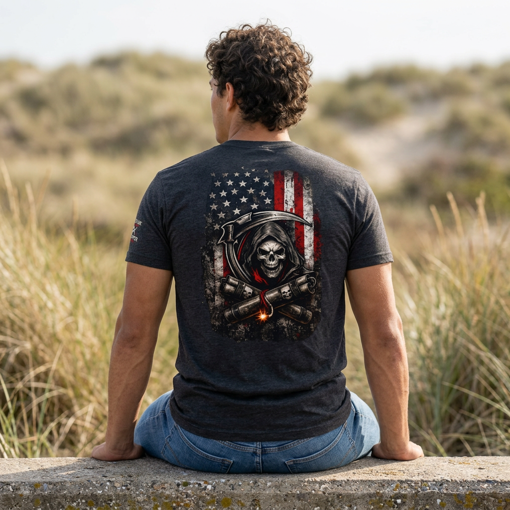 Grim Reaper American Flag T-Shirt — Patriot Skull Tee